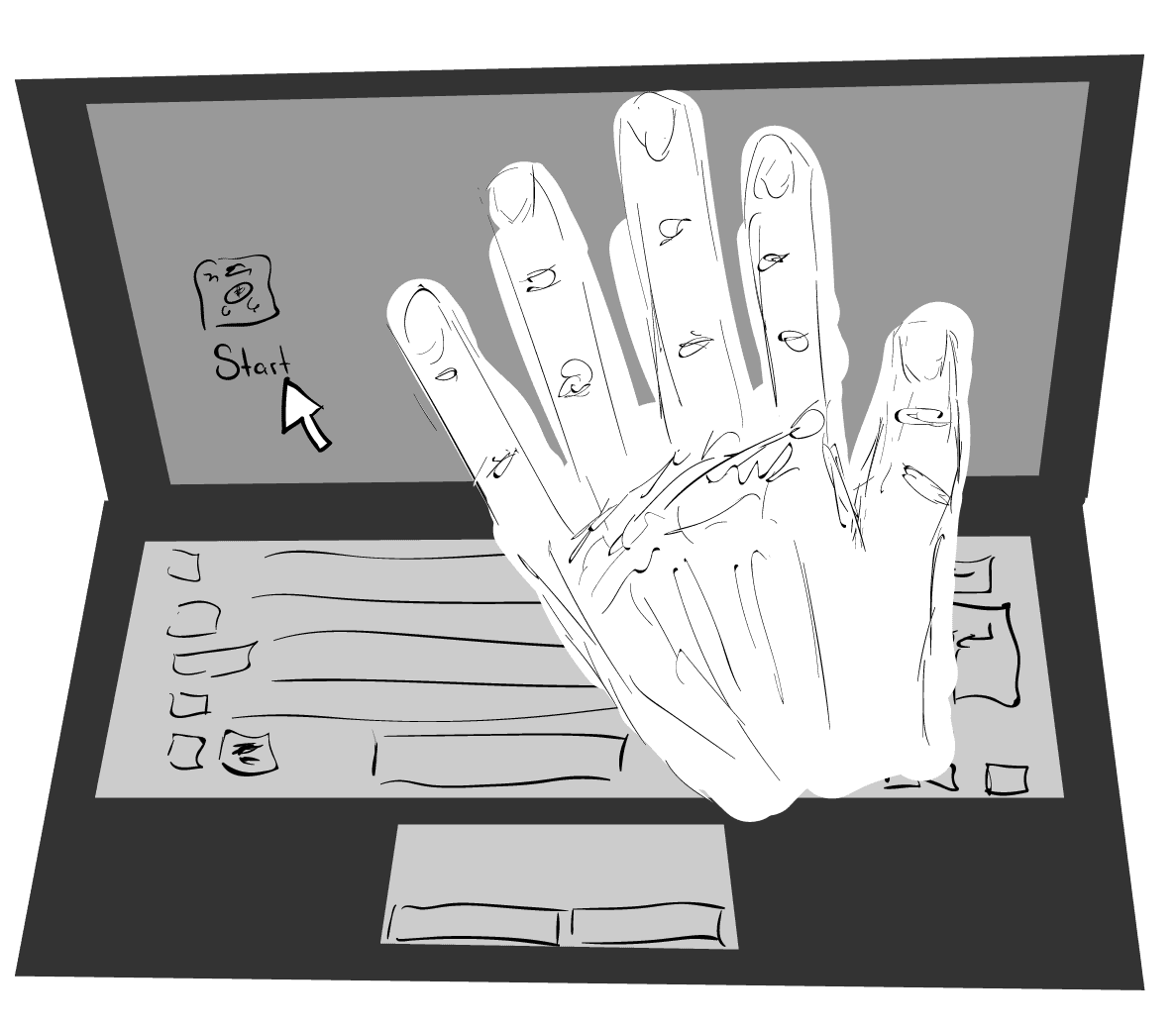 Ein Bild von einer Hand und einem Laptop. Wäre dort nur die Hand und es würde neben der Hand nichts geben - wir Menschen könnten die Hand mangels Abgrenzung nicht erkennen.